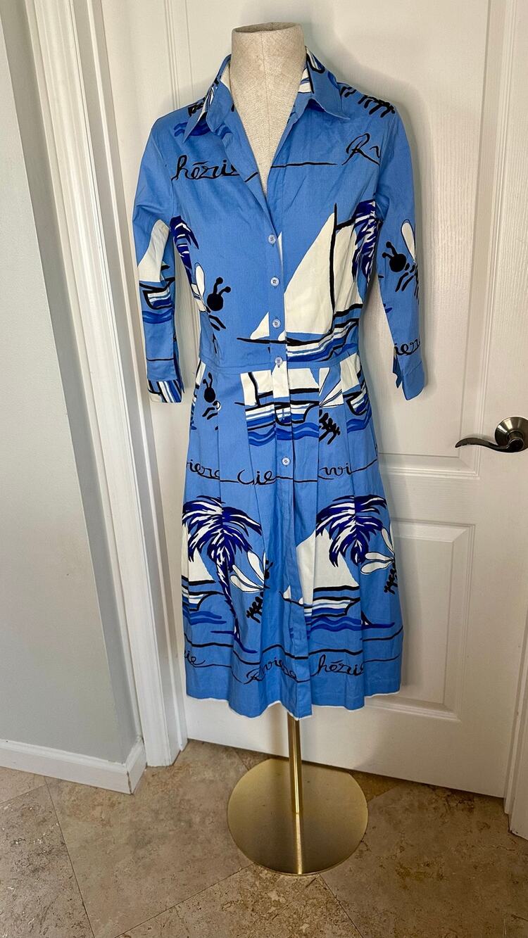 SAMANTHA SUNG BLUE POPLIN GRAPHIC 3/4 SLEEVE DRESS Sz 8